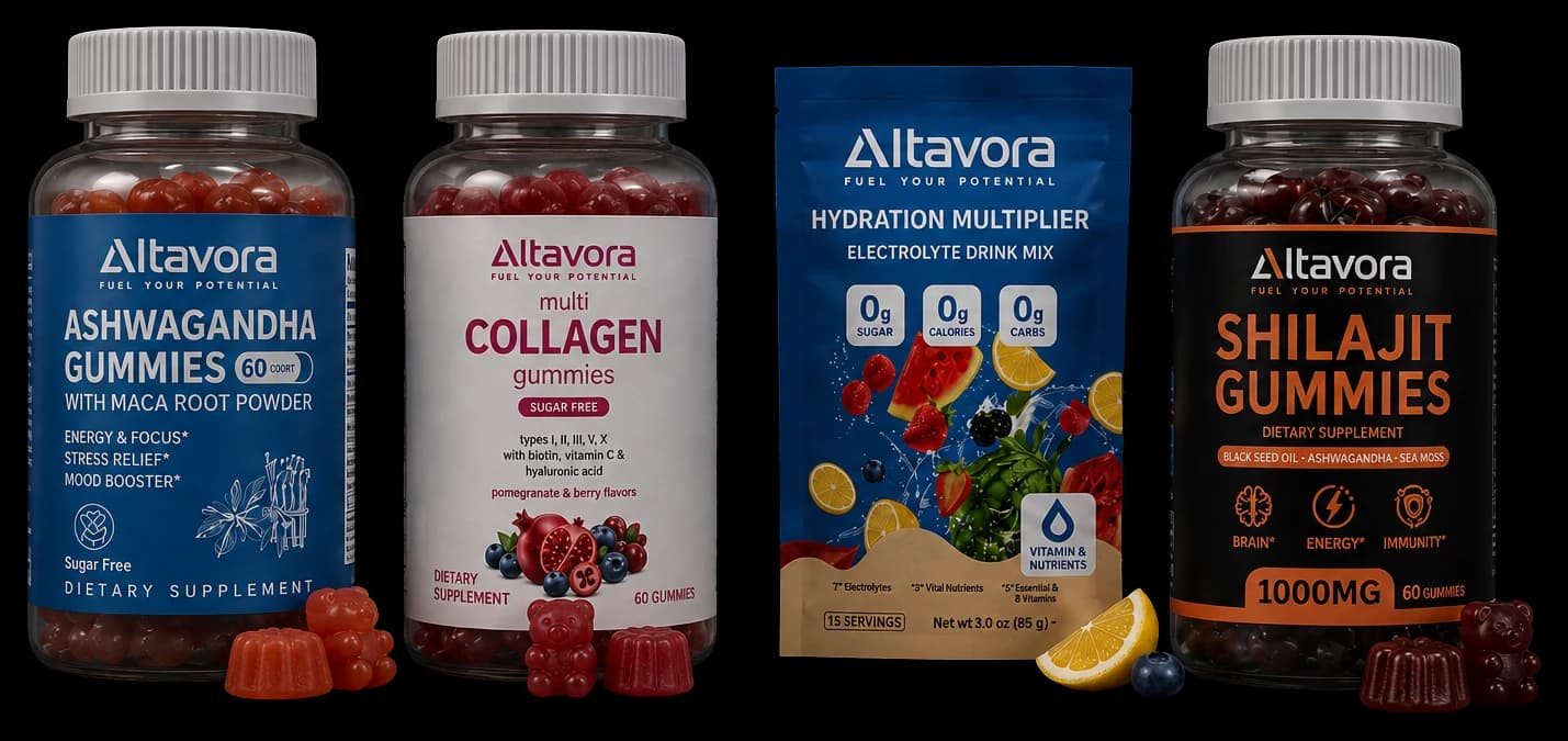 The Altavora range: ashwagandha, multi collagen, hydration multiplier and shilajit gummies